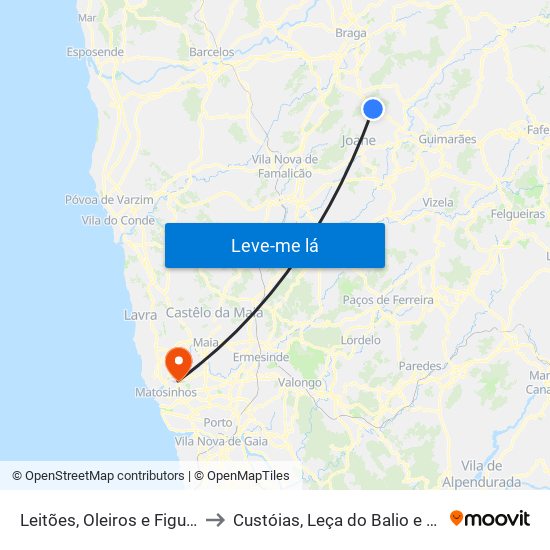 Leitões, Oleiros e Figueiredo to Custóias, Leça do Balio e Guifões map