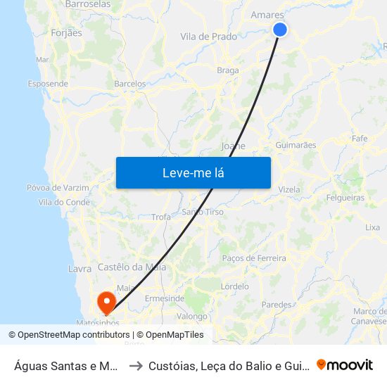 Águas Santas e Moure to Custóias, Leça do Balio e Guifões map