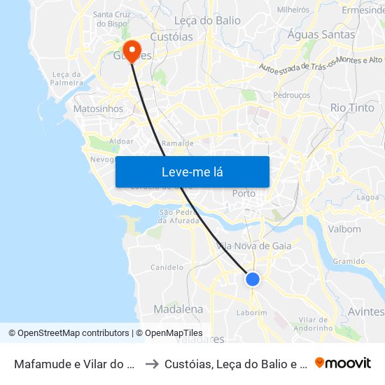Mafamude e Vilar do Paraíso to Custóias, Leça do Balio e Guifões map
