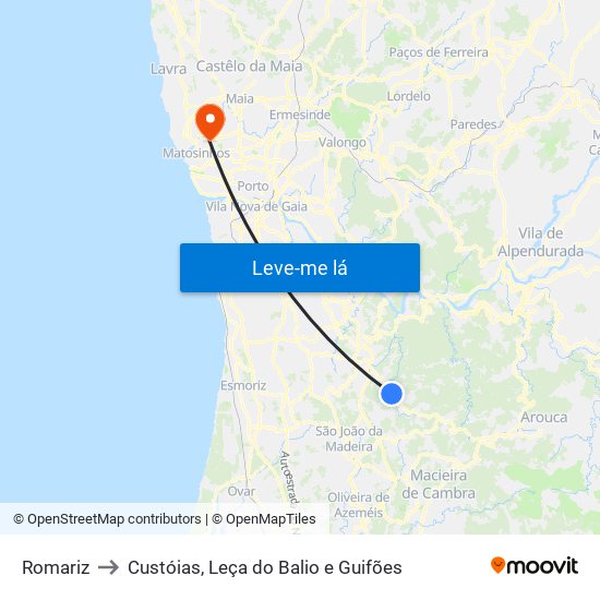 Romariz to Custóias, Leça do Balio e Guifões map