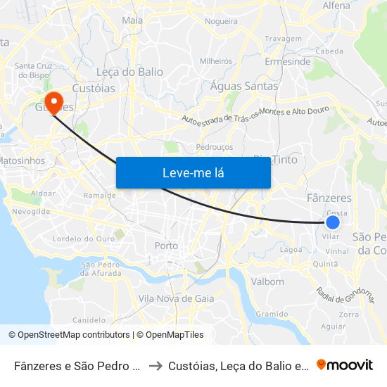 Fânzeres e São Pedro da Cova to Custóias, Leça do Balio e Guifões map