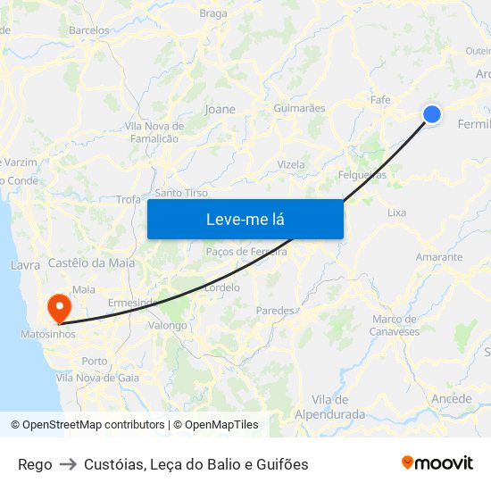 Rego to Custóias, Leça do Balio e Guifões map