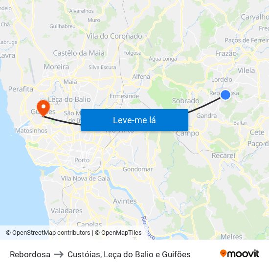 Rebordosa to Custóias, Leça do Balio e Guifões map