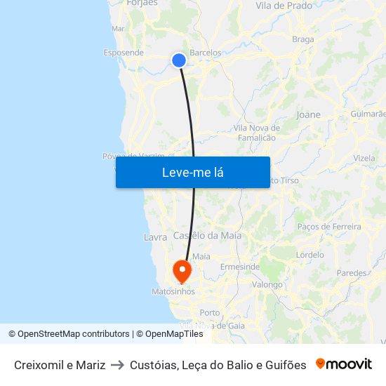 Creixomil e Mariz to Custóias, Leça do Balio e Guifões map