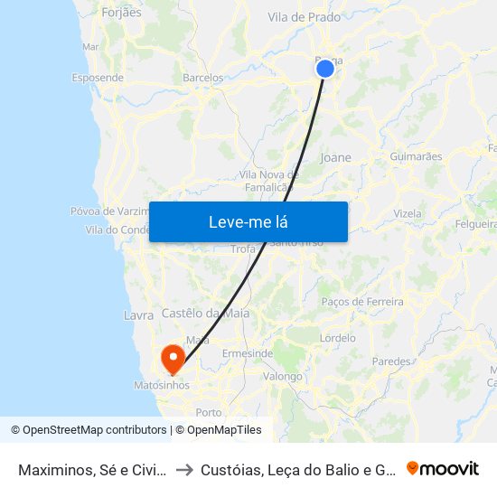 Maximinos, Sé e Cividade to Custóias, Leça do Balio e Guifões map