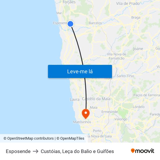 Esposende to Custóias, Leça do Balio e Guifões map