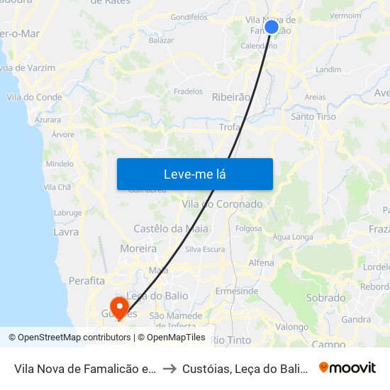 Vila Nova de Famalicão e Calendário to Custóias, Leça do Balio e Guifões map