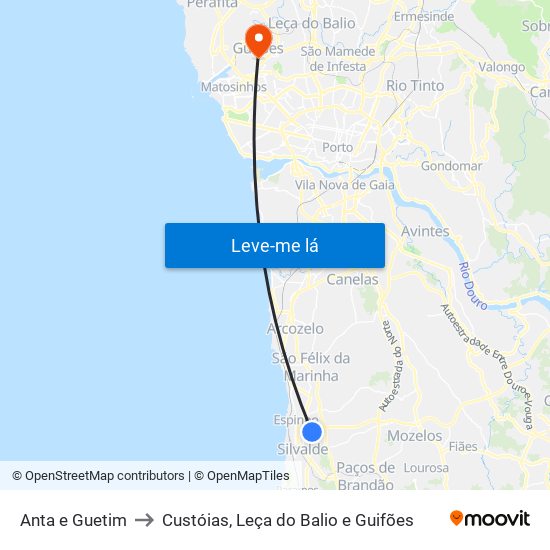 Anta e Guetim to Custóias, Leça do Balio e Guifões map