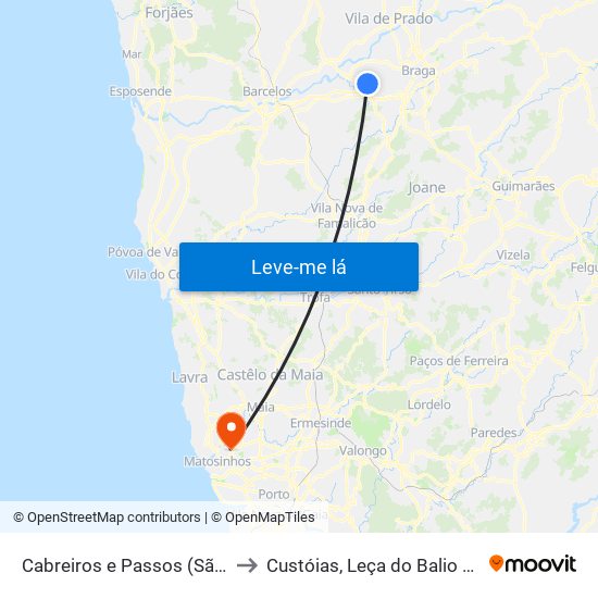 Cabreiros e Passos (São Julião) to Custóias, Leça do Balio e Guifões map