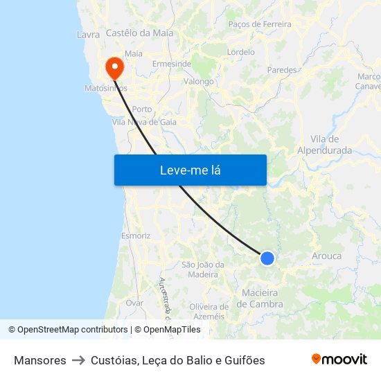 Mansores to Custóias, Leça do Balio e Guifões map