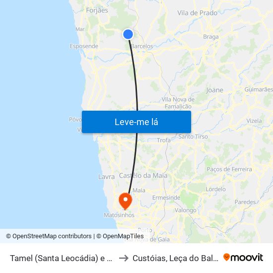 Tamel (Santa Leocádia) e Vilar do Monte to Custóias, Leça do Balio e Guifões map