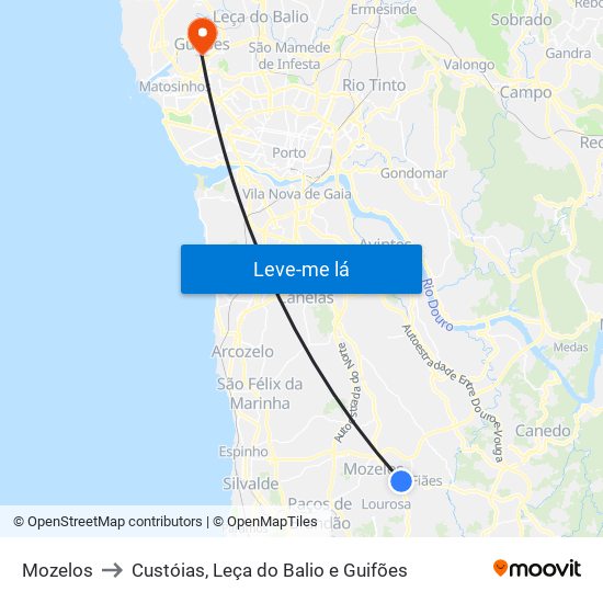 Mozelos to Custóias, Leça do Balio e Guifões map