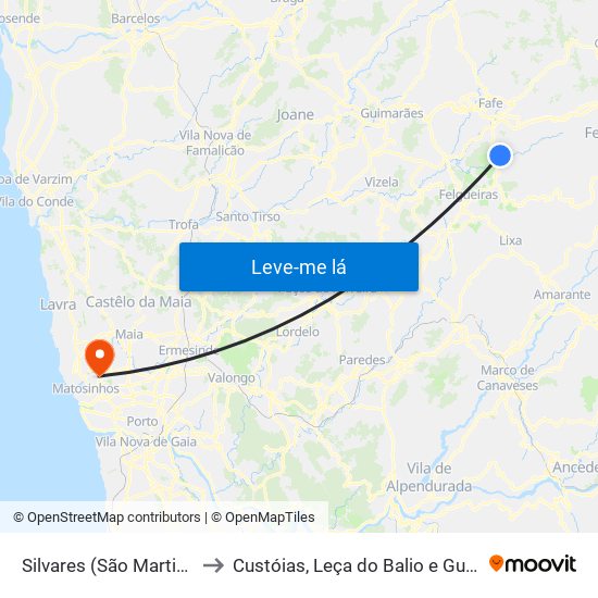 Silvares (São Martinho) to Custóias, Leça do Balio e Guifões map