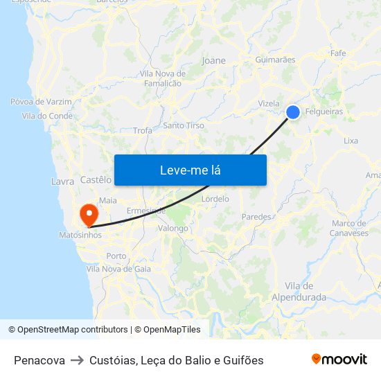 Penacova to Custóias, Leça do Balio e Guifões map