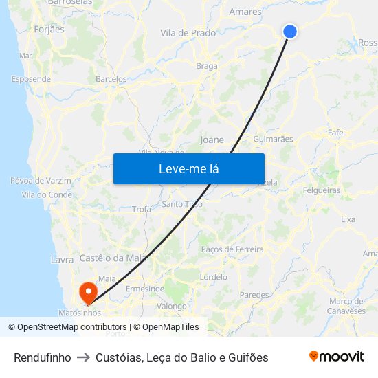 Rendufinho to Custóias, Leça do Balio e Guifões map