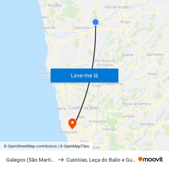 Galegos (São Martinho) to Custóias, Leça do Balio e Guifões map