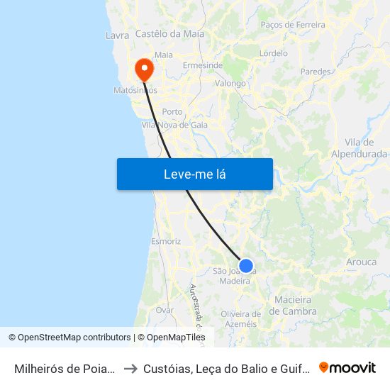 Milheirós de Poiares to Custóias, Leça do Balio e Guifões map