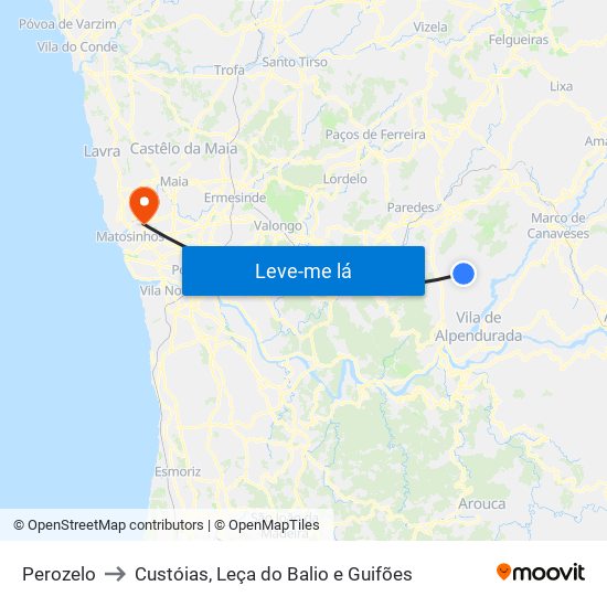 Perozelo to Custóias, Leça do Balio e Guifões map