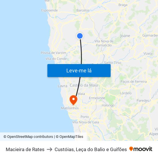 Macieira de Rates to Custóias, Leça do Balio e Guifões map