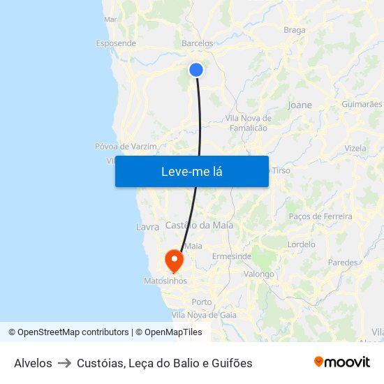 Alvelos to Custóias, Leça do Balio e Guifões map