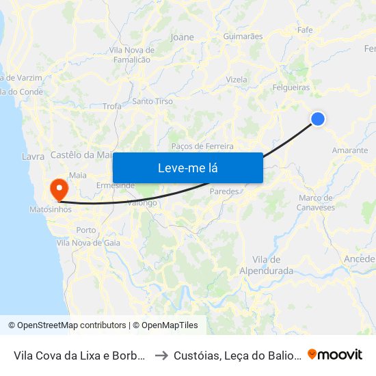 Vila Cova da Lixa e Borba de Godim to Custóias, Leça do Balio e Guifões map