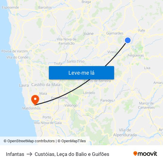 Infantas to Custóias, Leça do Balio e Guifões map