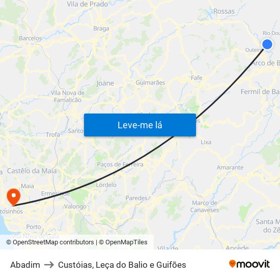 Abadim to Custóias, Leça do Balio e Guifões map