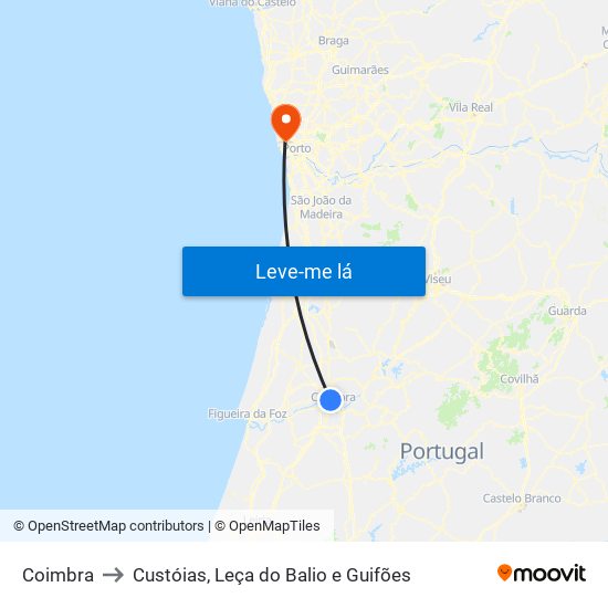 Coimbra to Custóias, Leça do Balio e Guifões map