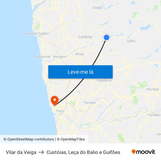 Vilar da Veiga to Custóias, Leça do Balio e Guifões map