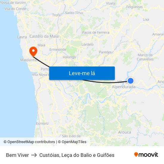 Bem Viver to Custóias, Leça do Balio e Guifões map