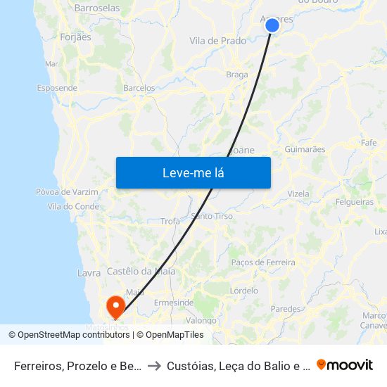 Ferreiros, Prozelo e Besteiros to Custóias, Leça do Balio e Guifões map