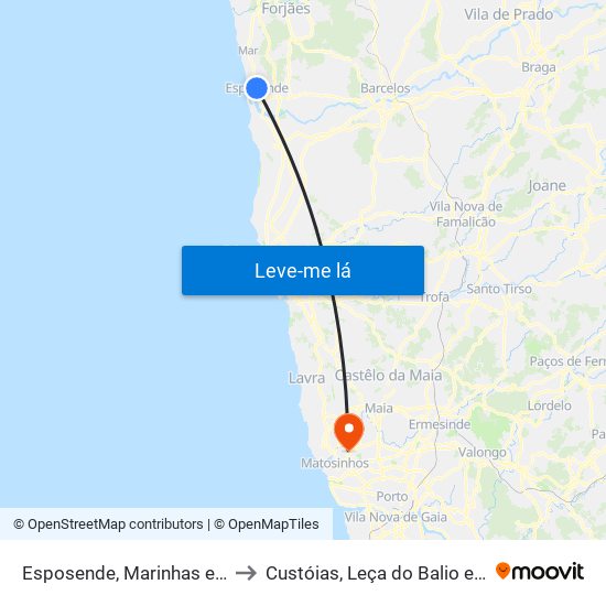 Esposende, Marinhas e Gandra to Custóias, Leça do Balio e Guifões map