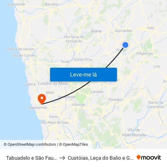 Tabuadelo e São Faustino to Custóias, Leça do Balio e Guifões map