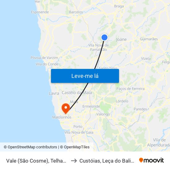 Vale (São Cosme), Telhado e Portela to Custóias, Leça do Balio e Guifões map