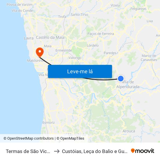 Termas de São Vicente to Custóias, Leça do Balio e Guifões map