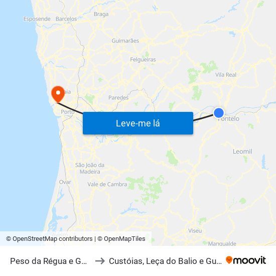 Peso da Régua e Godim to Custóias, Leça do Balio e Guifões map