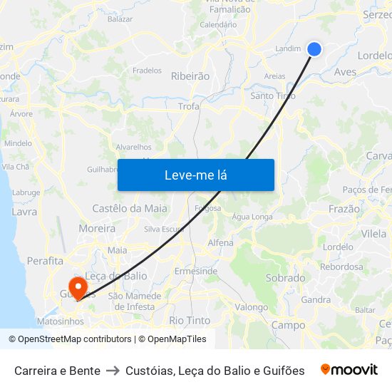 Carreira e Bente to Custóias, Leça do Balio e Guifões map