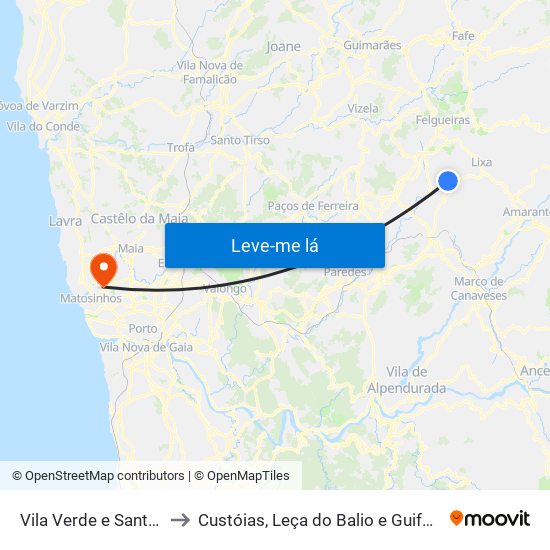 Vila Verde e Santão to Custóias, Leça do Balio e Guifões map