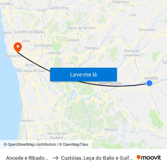 Ancede e Ribadouro to Custóias, Leça do Balio e Guifões map