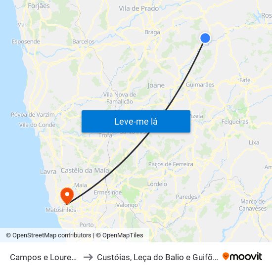 Campos e Louredo to Custóias, Leça do Balio e Guifões map