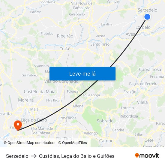 Serzedelo to Custóias, Leça do Balio e Guifões map