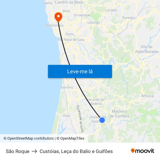 São Roque to Custóias, Leça do Balio e Guifões map