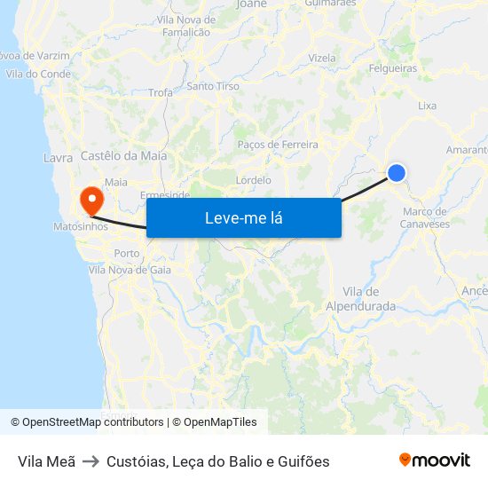 Vila Meã to Custóias, Leça do Balio e Guifões map
