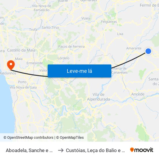 Aboadela, Sanche e Várzea to Custóias, Leça do Balio e Guifões map