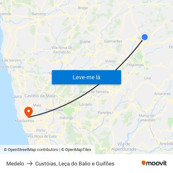 Medelo to Custóias, Leça do Balio e Guifões map