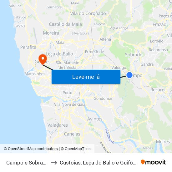 Campo e Sobrado to Custóias, Leça do Balio e Guifões map