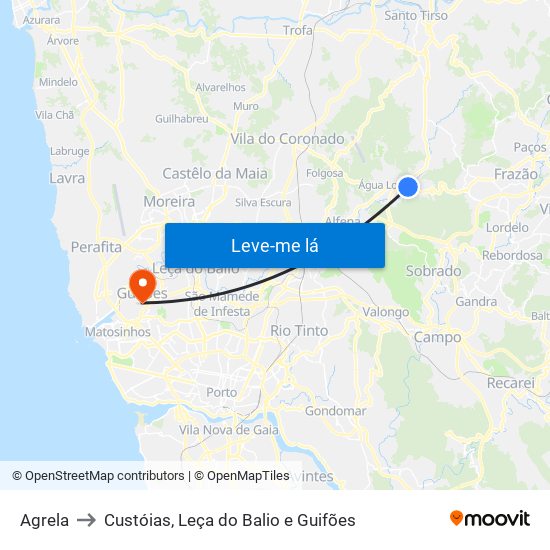 Agrela to Custóias, Leça do Balio e Guifões map