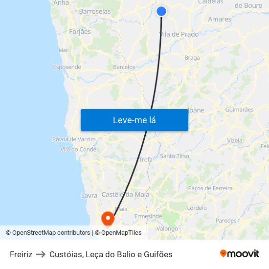 Freiriz to Custóias, Leça do Balio e Guifões map