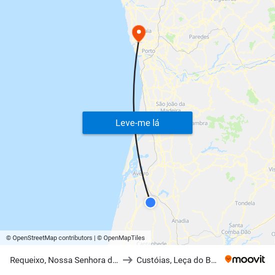 Requeixo, Nossa Senhora de Fátima e Nariz to Custóias, Leça do Balio e Guifões map