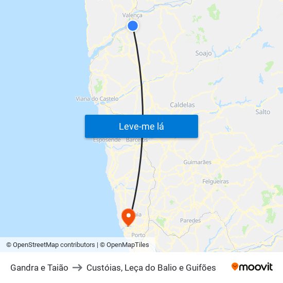 Gandra e Taião to Custóias, Leça do Balio e Guifões map